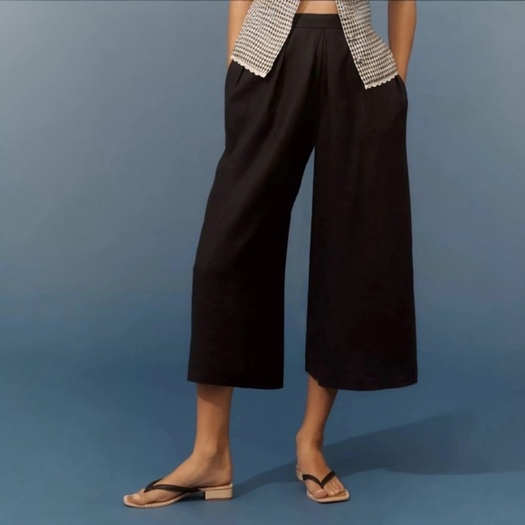 NWT ANTHROPOLOGIE Black Wide Leg Cropped Linen Pant, XL - Picture 1 of 10